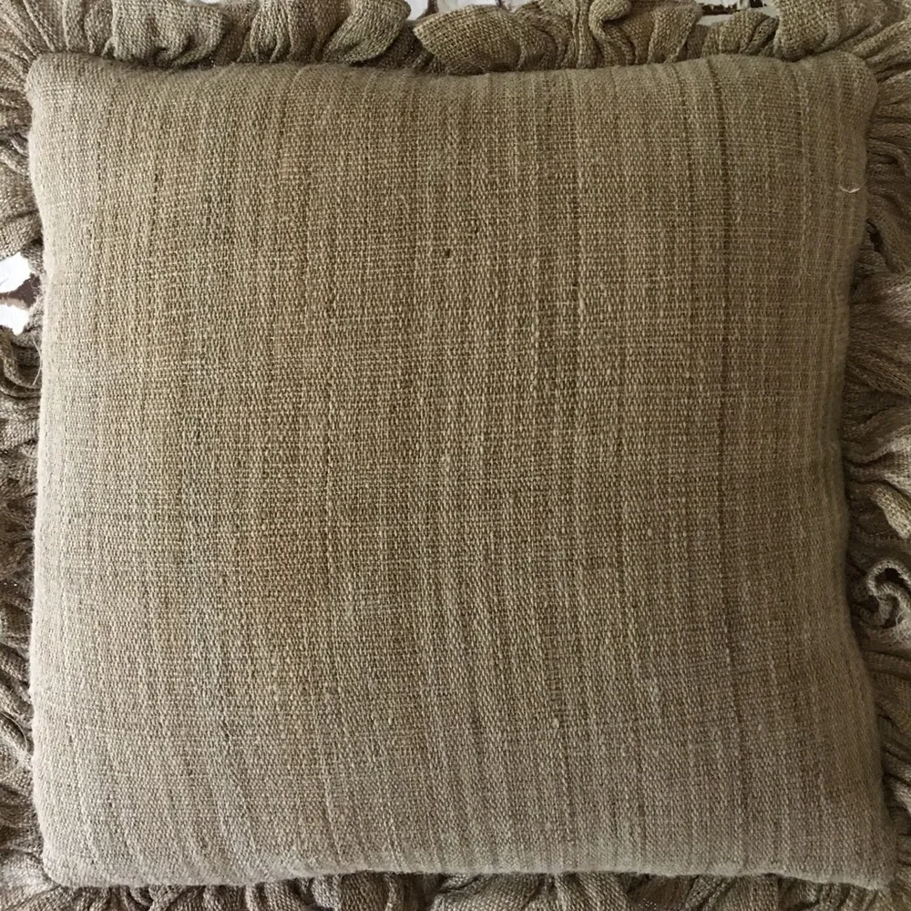 Linen pillow with ruffle burlap/olive color